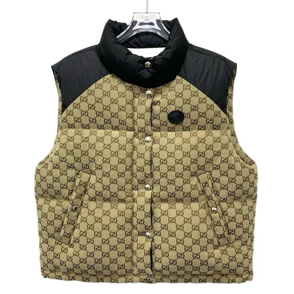 Gucci Brown logo jacquard monogram cotton sleeveless down vest